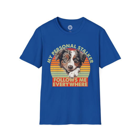 Blue t-shirt with an Australian Shepherd dog graphic and text on a white background