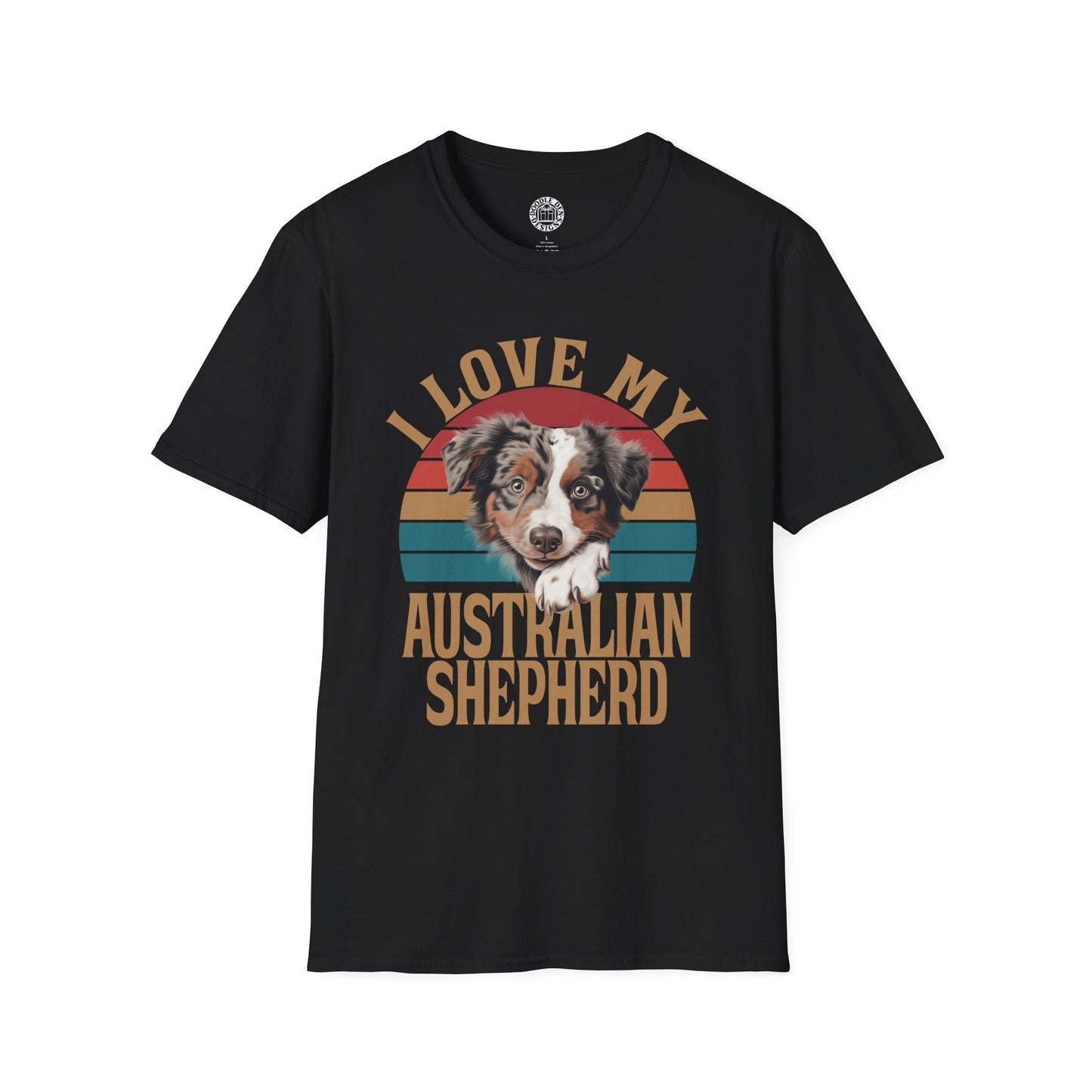 Black t-shirt with an Australian Shepherd graphic and text on a white background