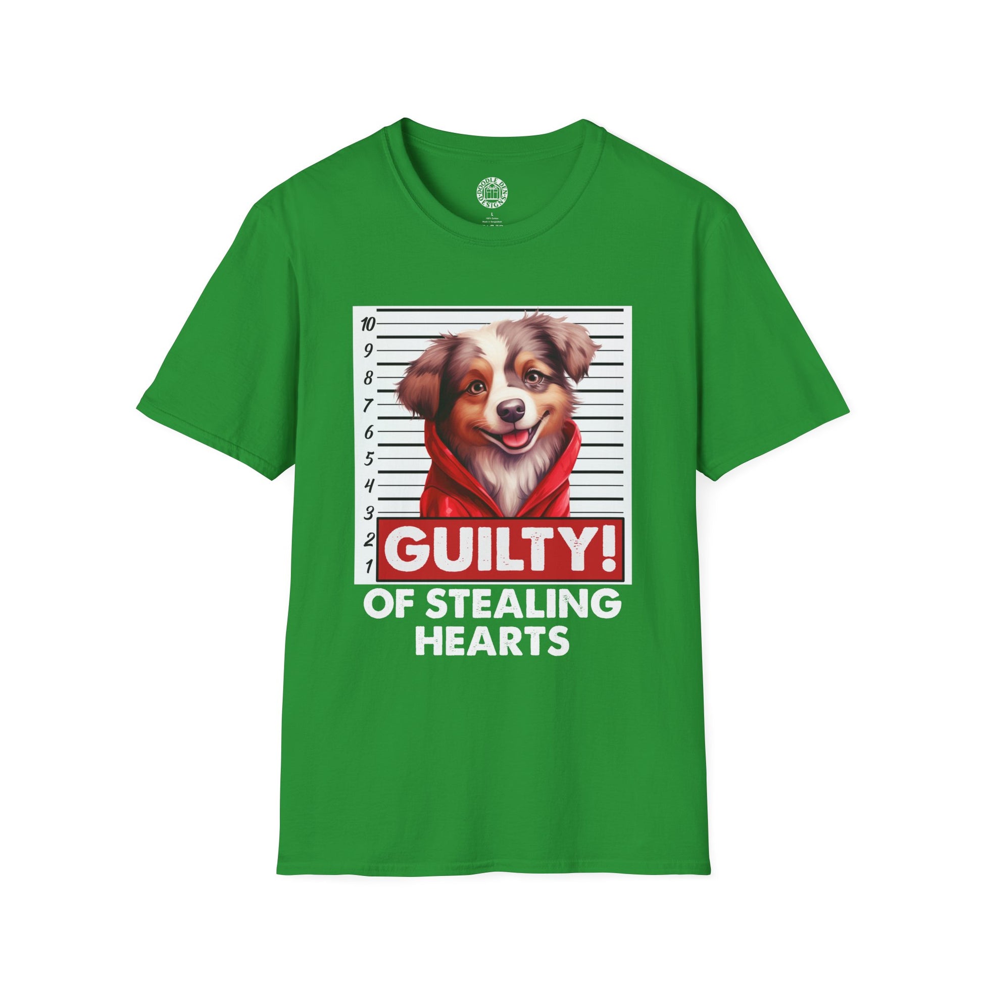 Green t-shirt with a Australian Shepherd dog graphic and 'Guilty! Of Stealing Hearts' text on a white background