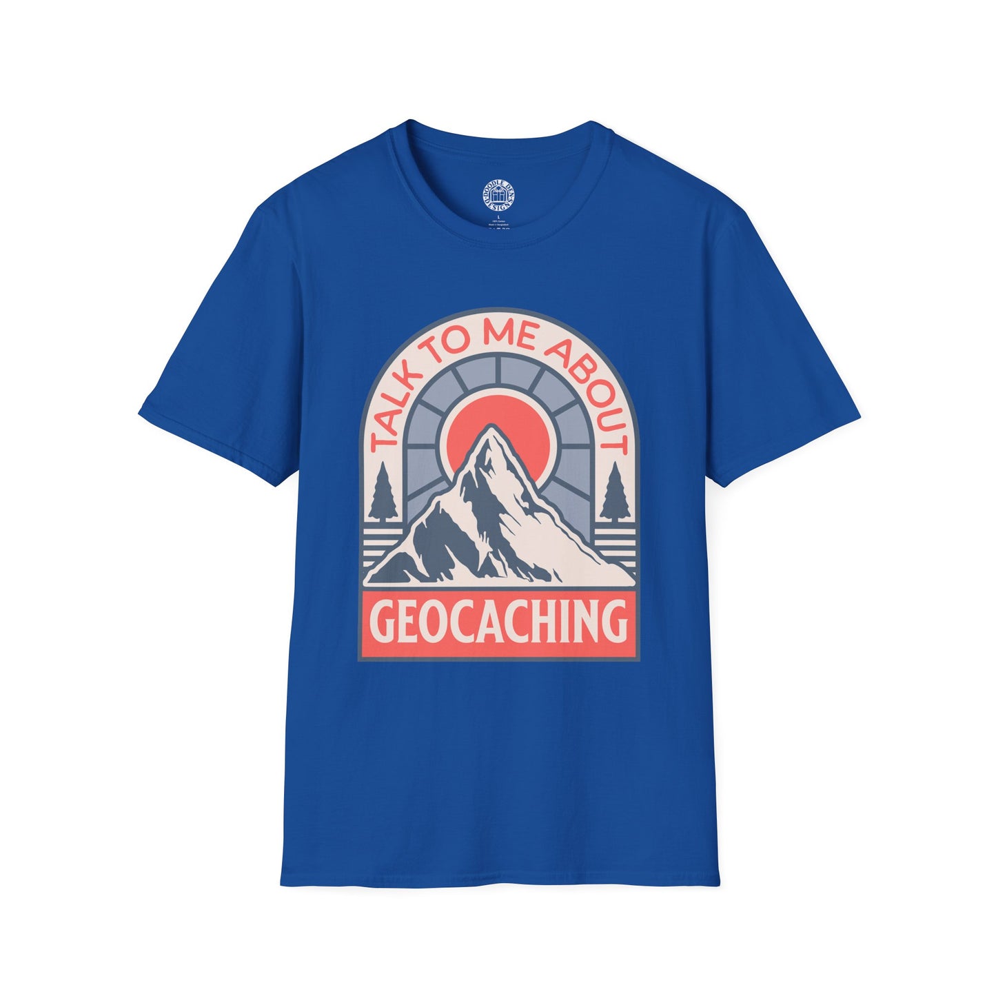 Blue t-shirt with a mountain graphic and text 'Talk to me about geocaching' on a white background