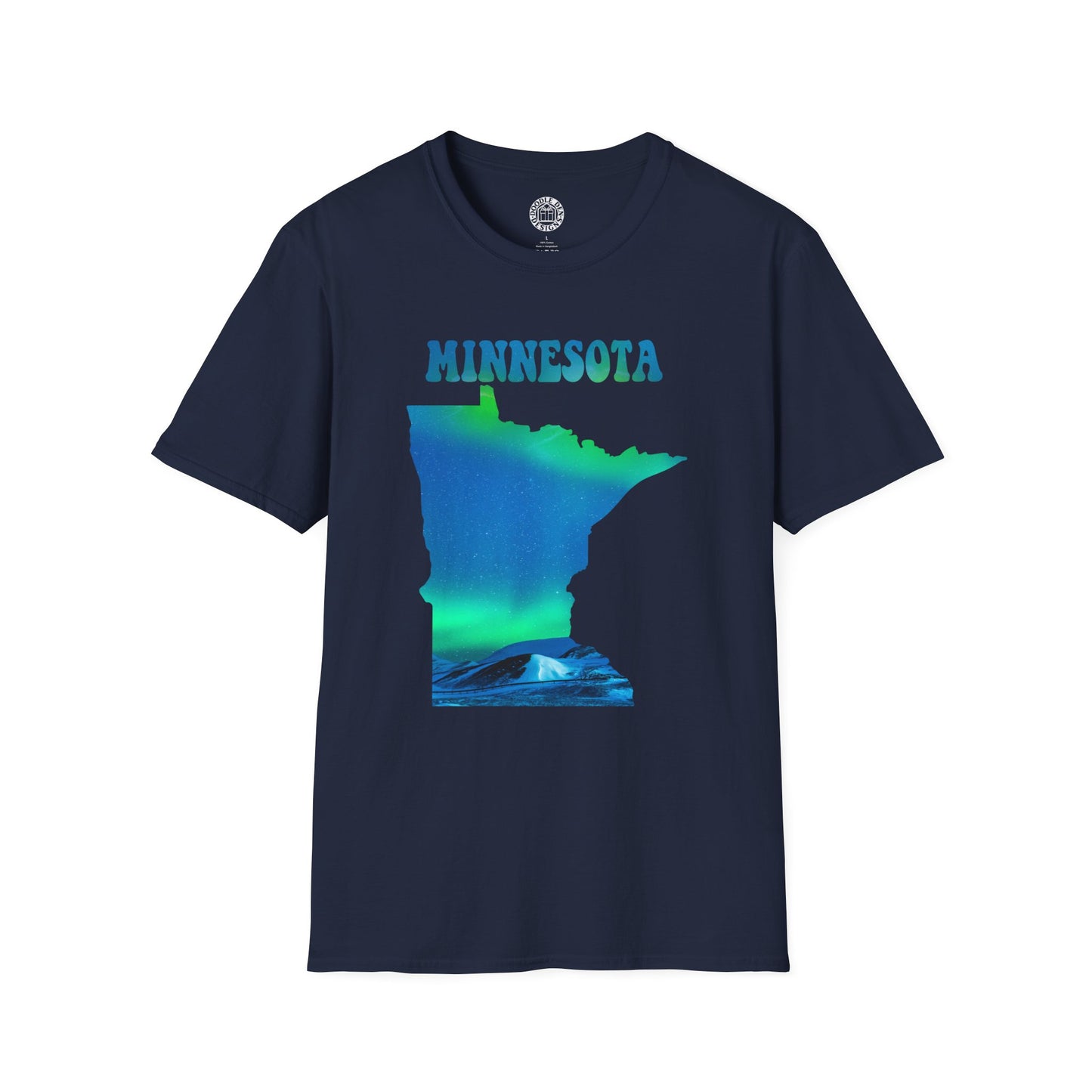 Navy blue t-shirt with Minnesota graphic design on a white background northern lights aurora borealis