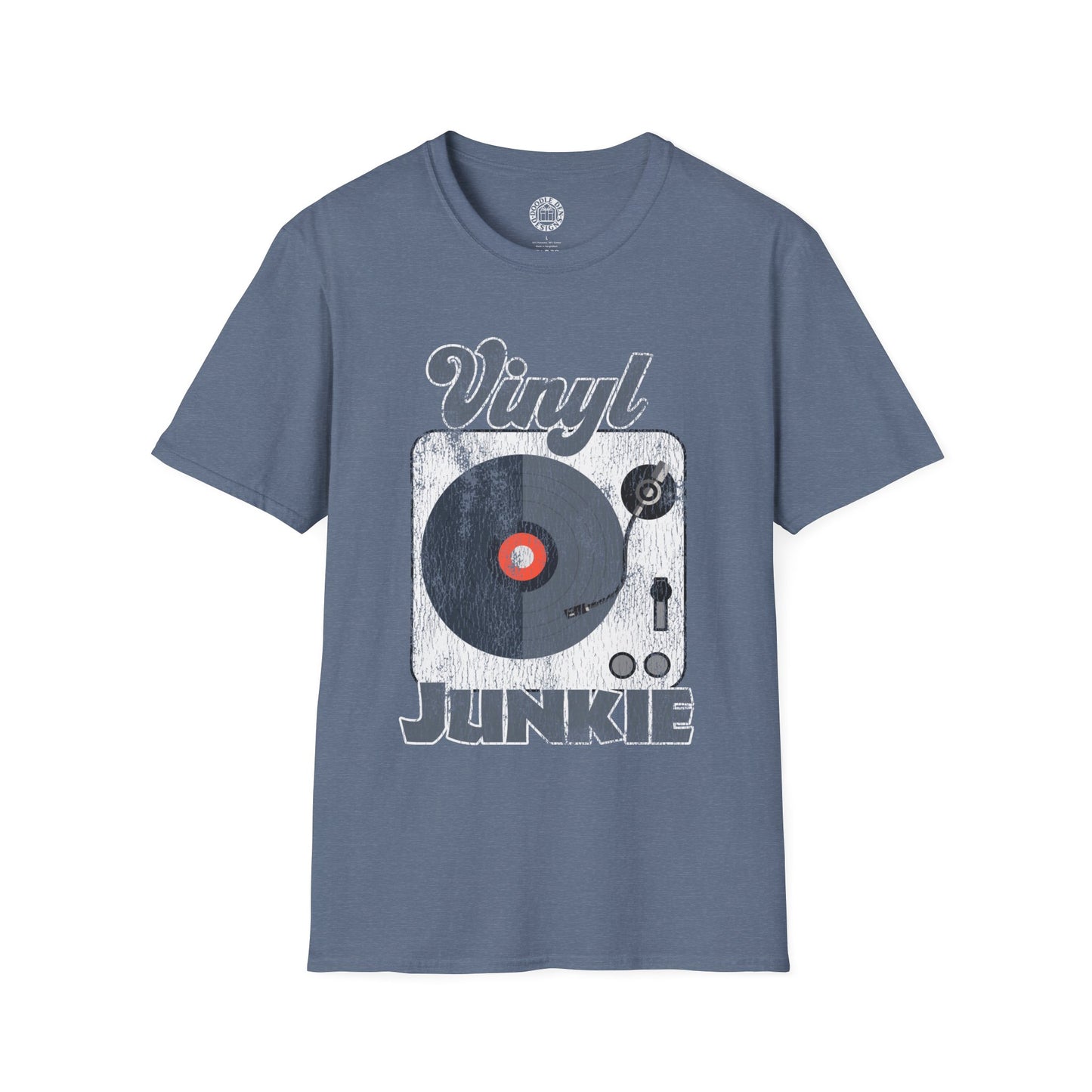 Blue t-shirt with vinyl record design and 'Vinyl Junkie' text on a white background