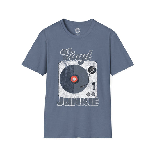 Blue t-shirt with vinyl record design and 'Vinyl Junkie' text on a white background