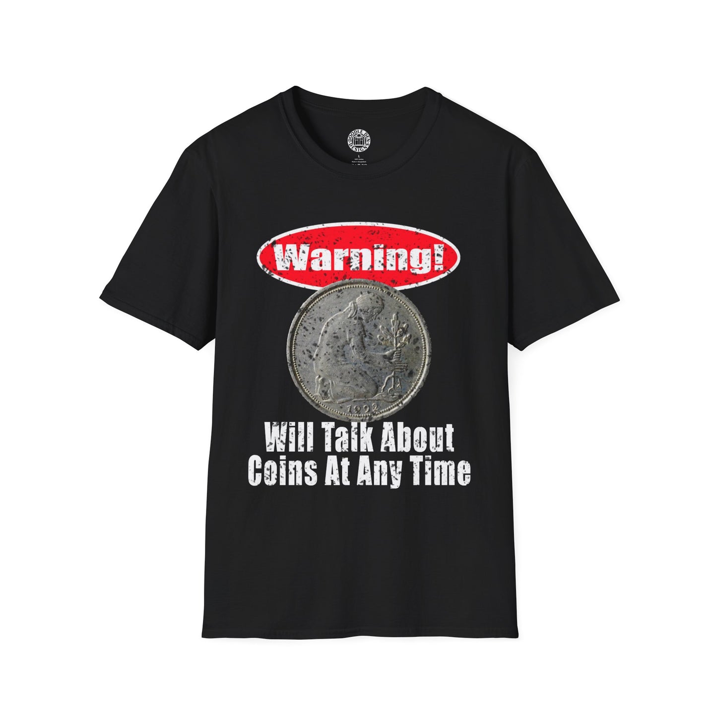 Black t-shirt with a coin graphic and text on a white background for Numismatist coin collector