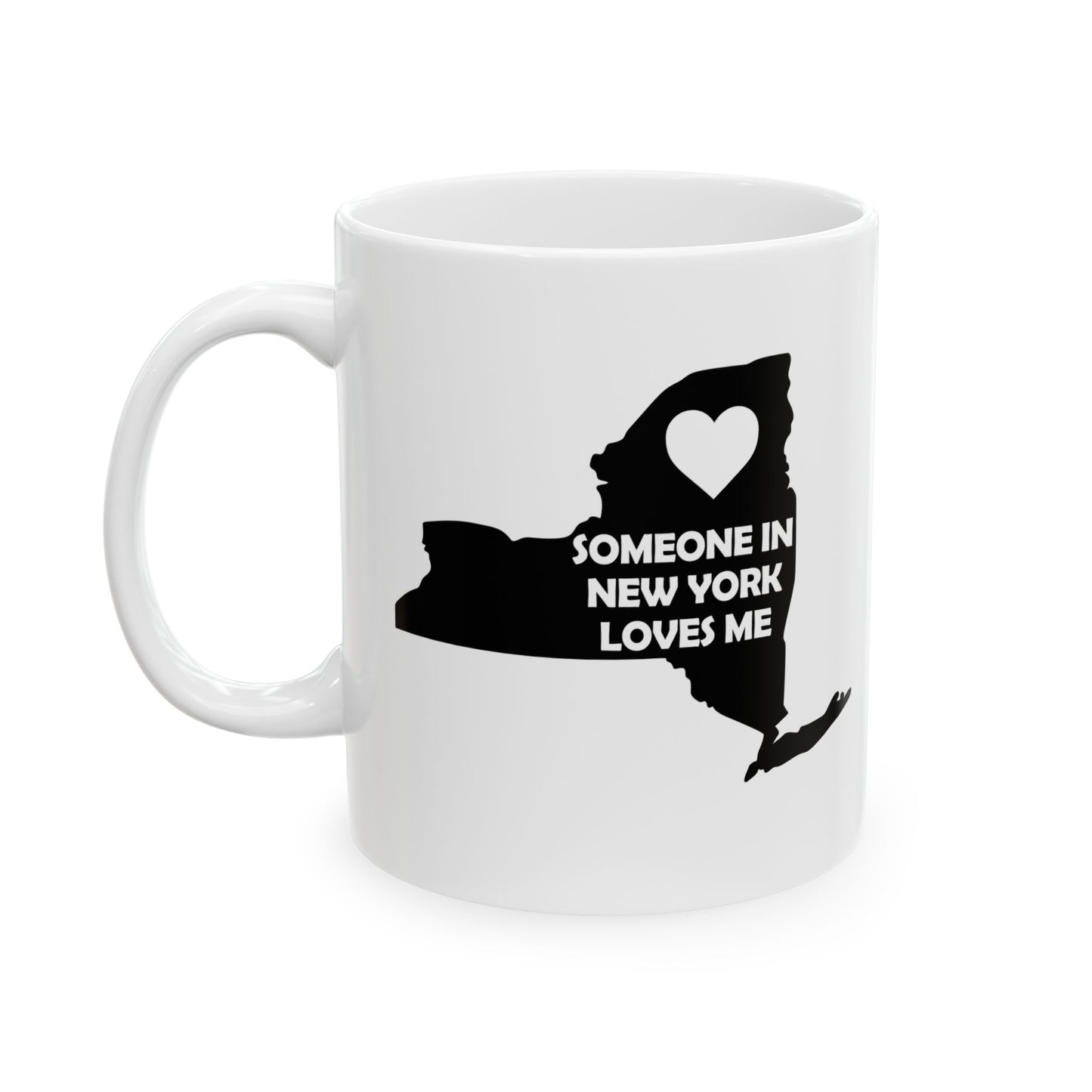 White mug with black silhouette of New York state and text 'Someone in New York Loves Me' on a white background