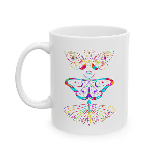 White mug with colorful butterfly design on a white background