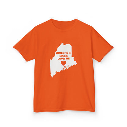 Orange t-shirt with a white map of Maine and text 'Someone in Maine loves me' on a white background