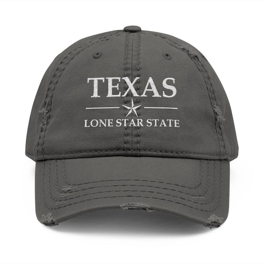 Gray cap with 'TEXAS Lone Star State' text  embroidered in white thread