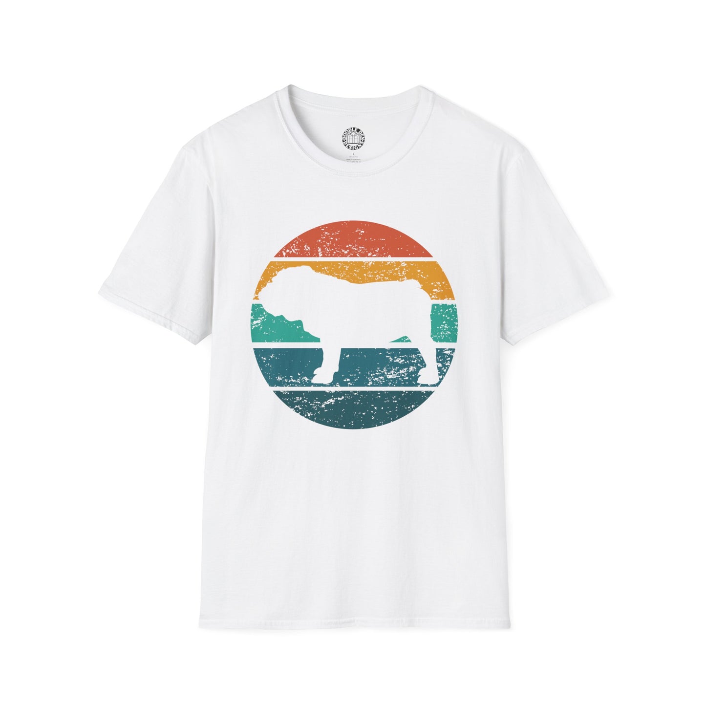 White t-shirt with a colorful bulldog 
graphic on a white background