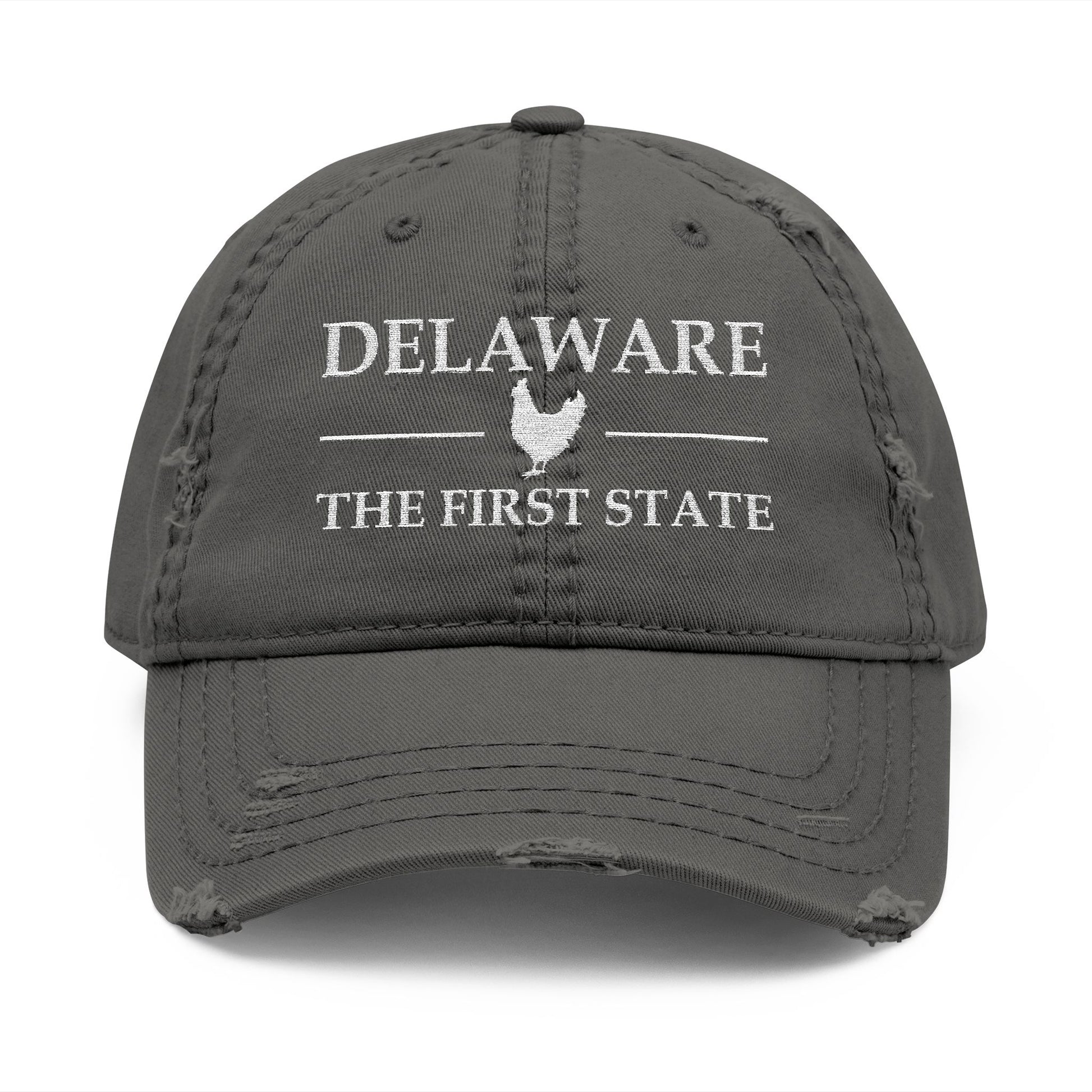 Gray cap with 'Delaware The First State' text and chicken logo  embroidered in white thread