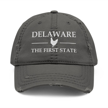 Gray cap with 'Delaware The First State' text and chicken logo  embroidered in white thread