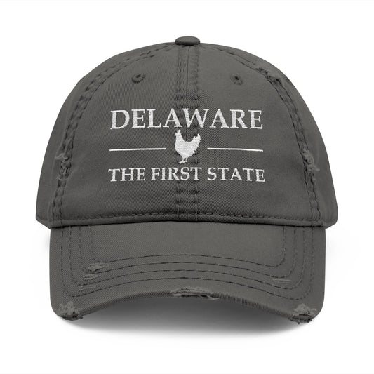 Gray cap with 'Delaware The First State' text and chicken logo  embroidered in white thread