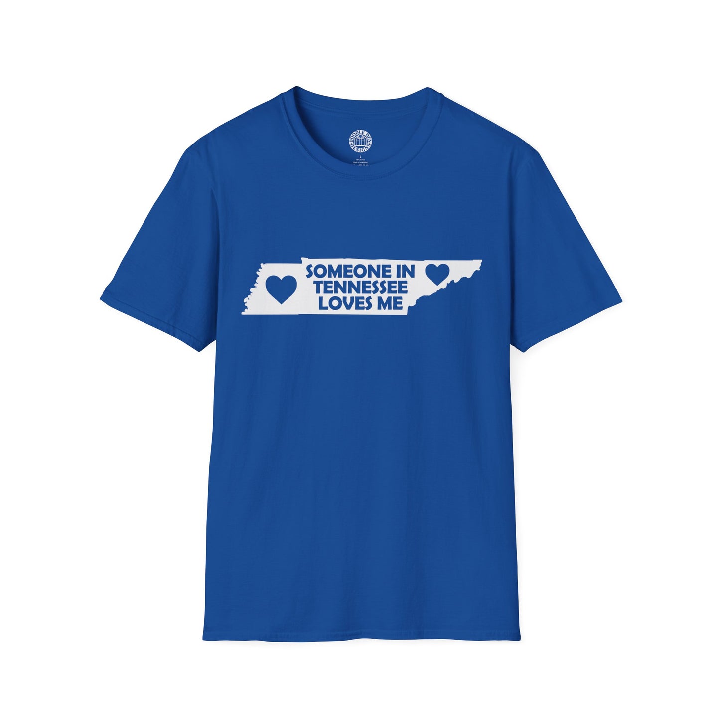 Blue t-shirt with a graphic and text 'Someone in Tennessee loves me' on a white background