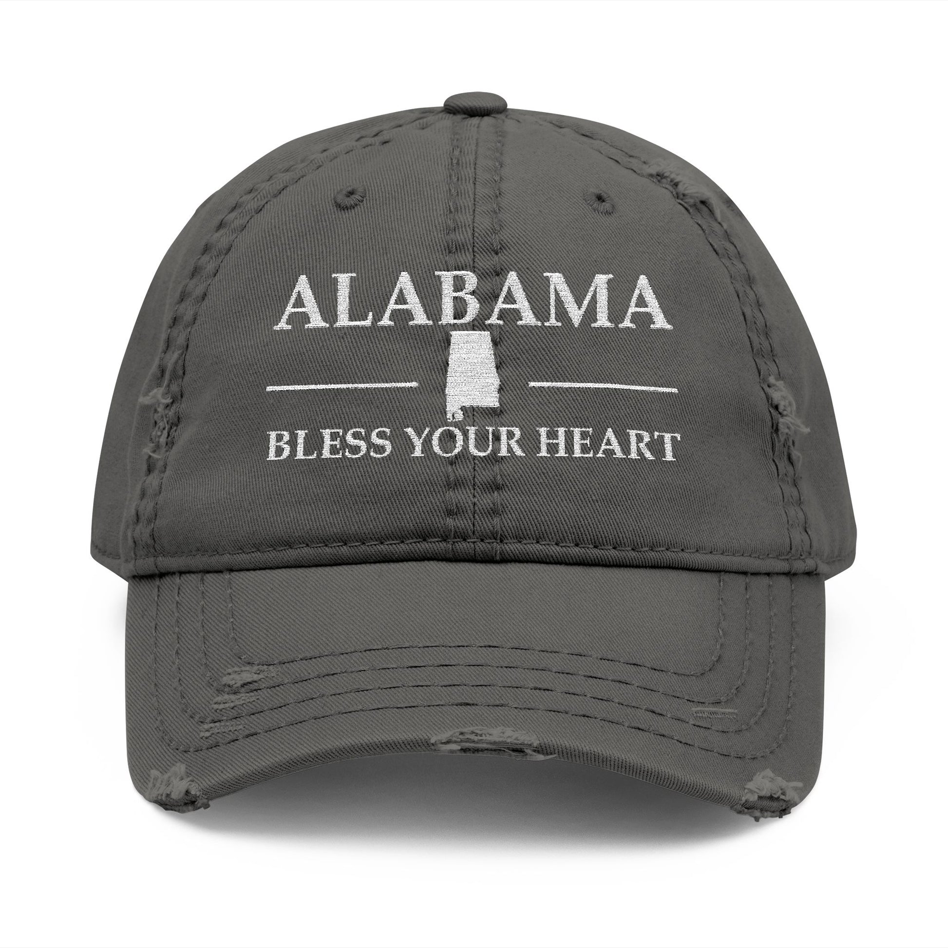 Gray cap with 'Alabama Bless Your Heart' text  embroidered in white thread