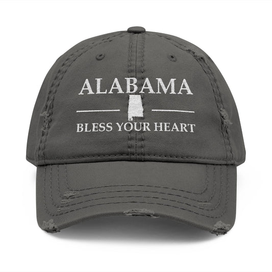 Gray cap with 'Alabama Bless Your Heart' text  embroidered in white thread