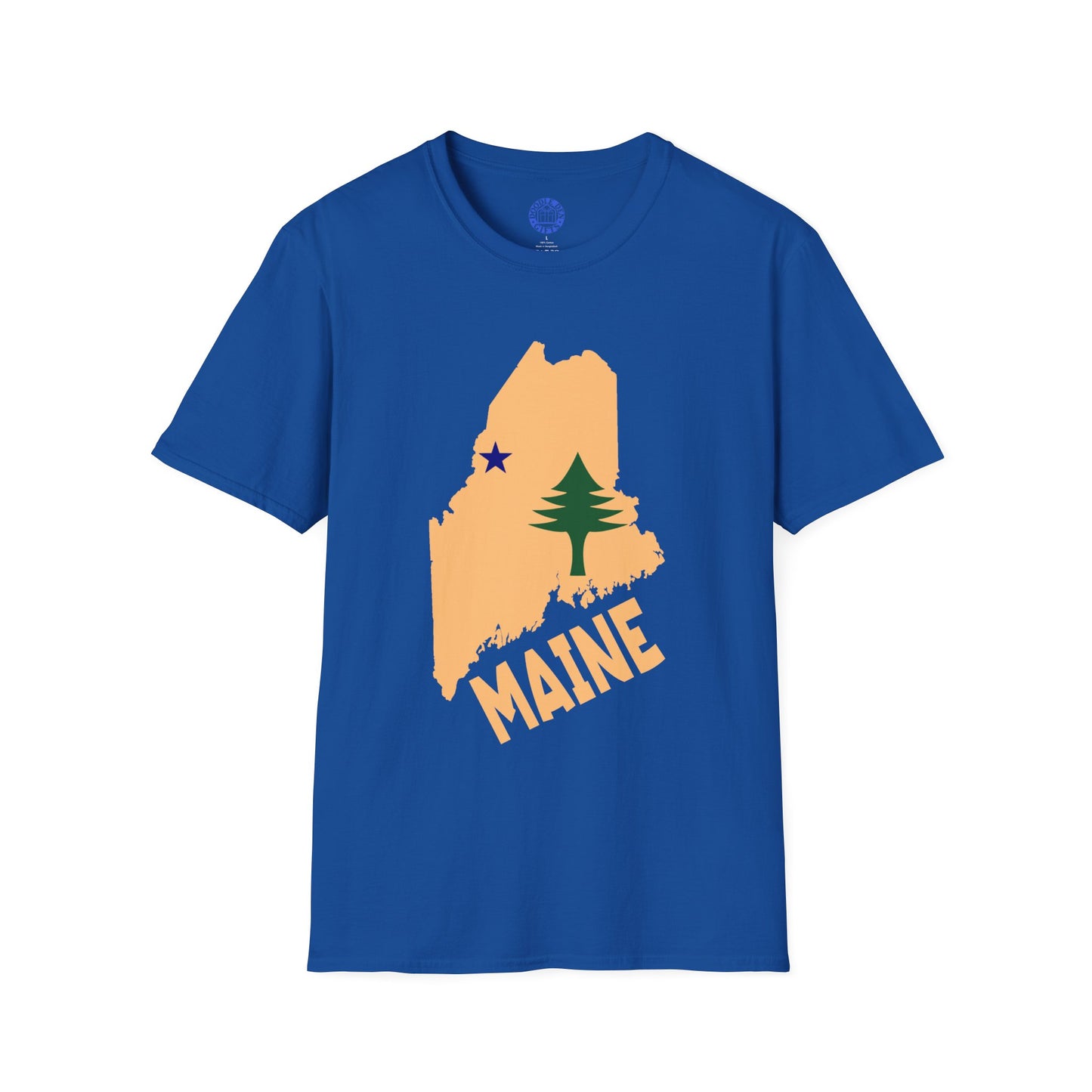 Blue t-shirt with a graphic of Maine on a white background