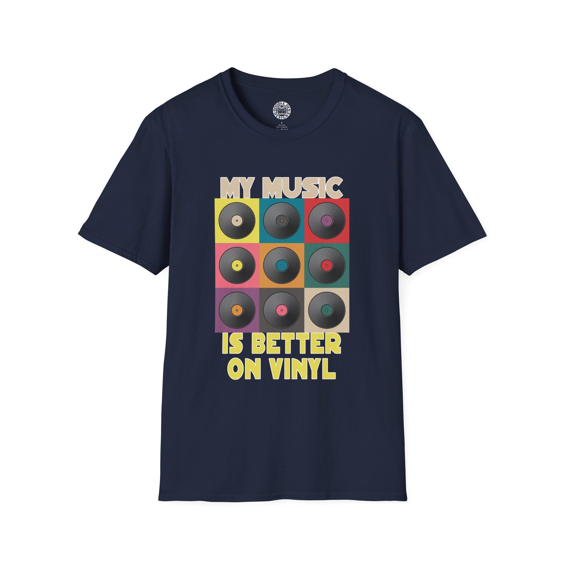 Navy blue t-shirt with vinyl record design and text on a white background