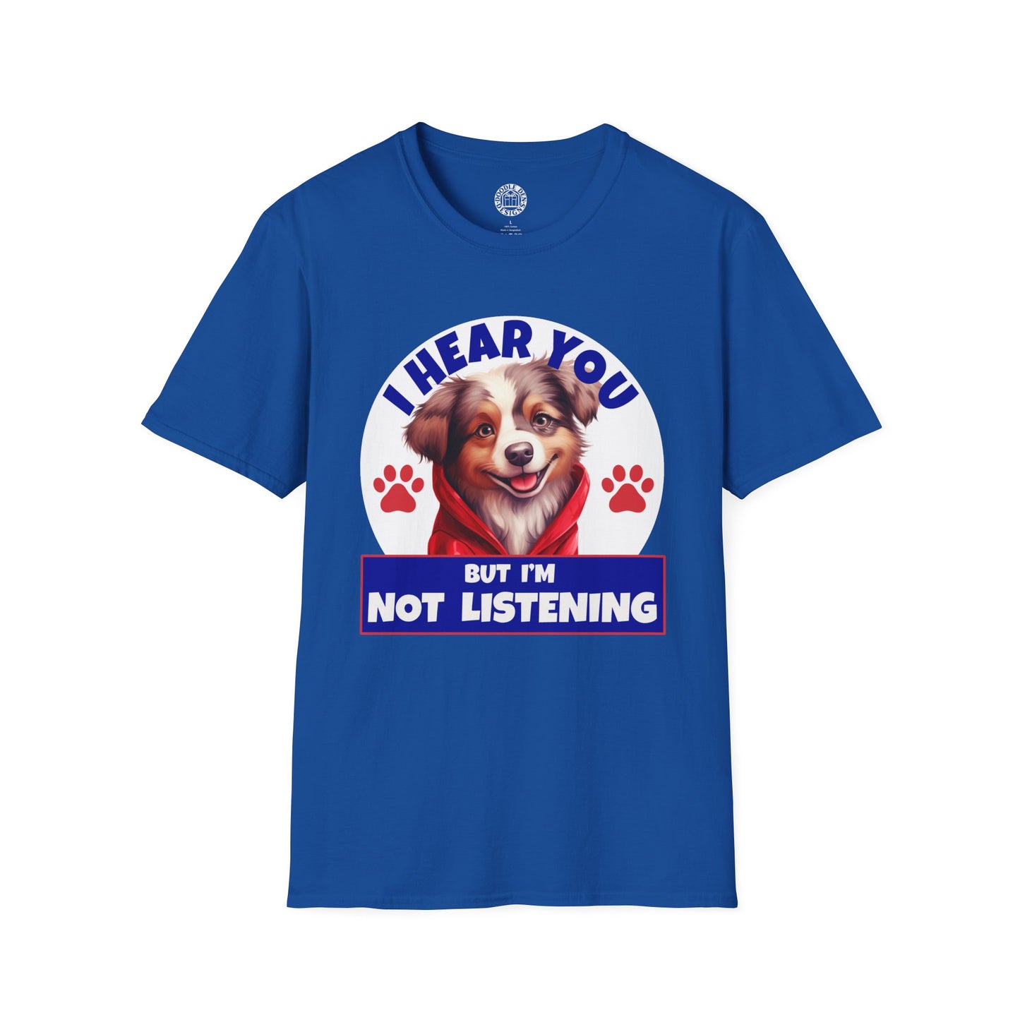 Blue t-shirt with a Australian Shepherd dog graphic and text on a white background