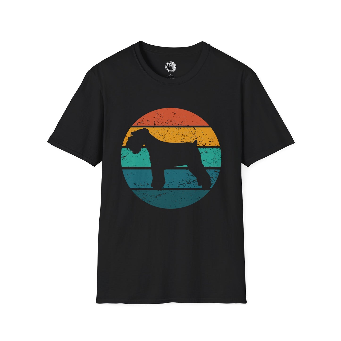 Black t-shirt with a Miniature Schnauzer dog silhouette design on a colorful circle background