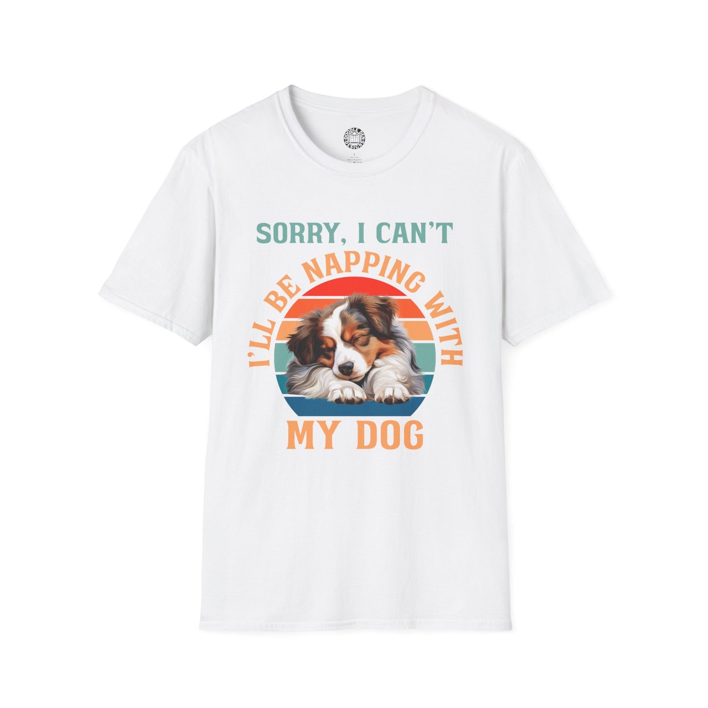 White t-shirt with a Australian Shepherd dog graphic and text on a white background