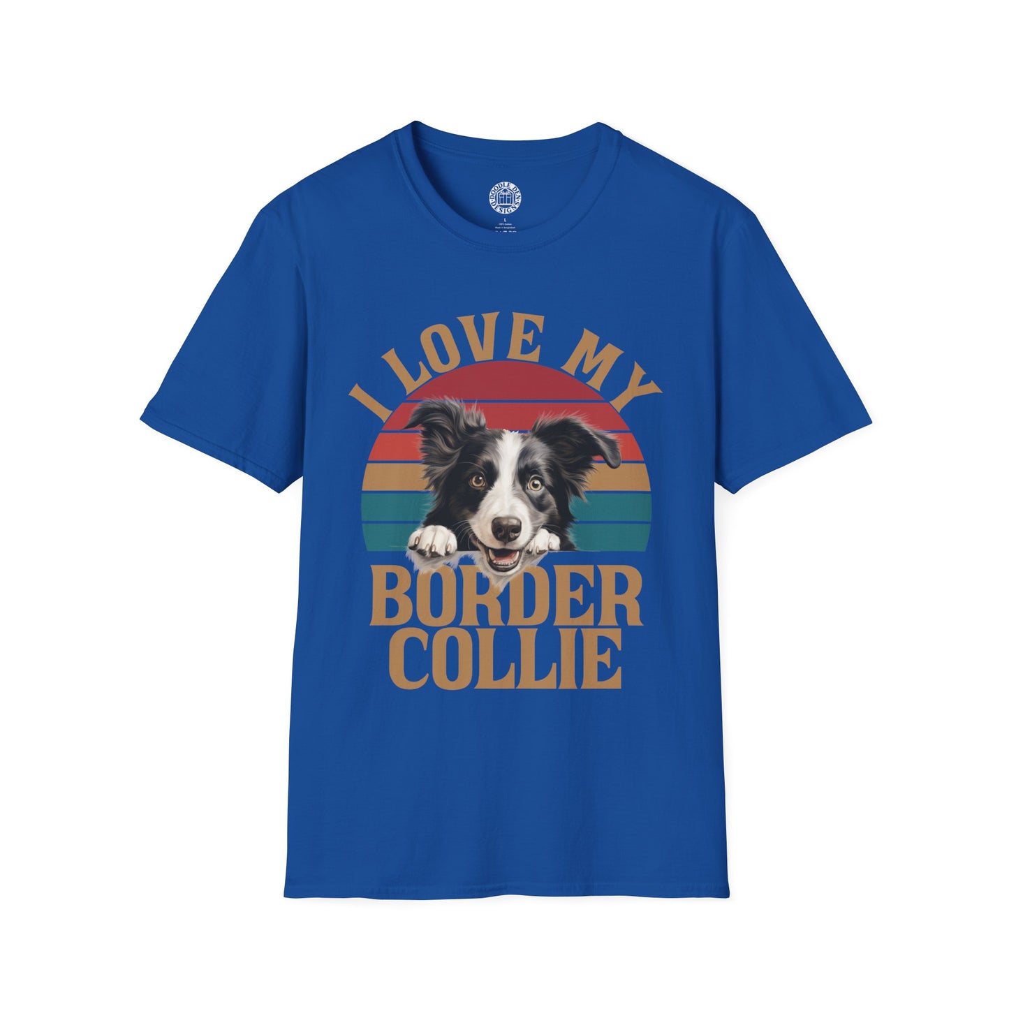 Blue t-shirt with a graphic of a border collie and text 'I love my border collie' on a white background