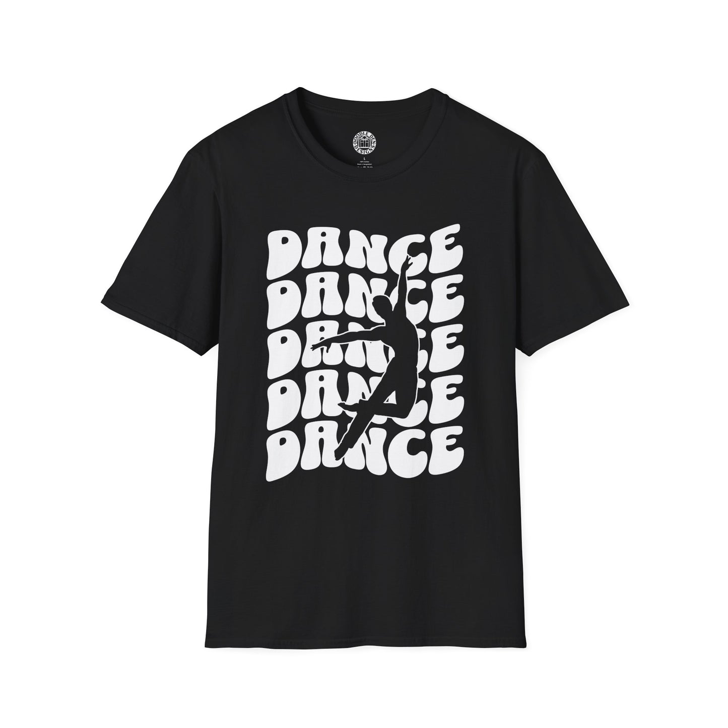Black t-shirt with 'DANCE' text design on a white background