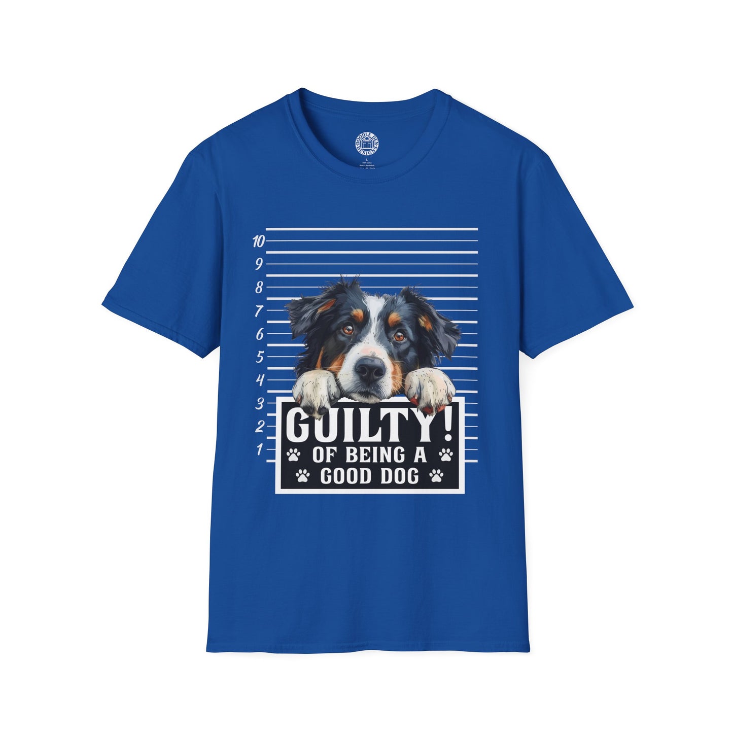Blue t-shirt with a Australian Shepherd dog graphic and text on a white background