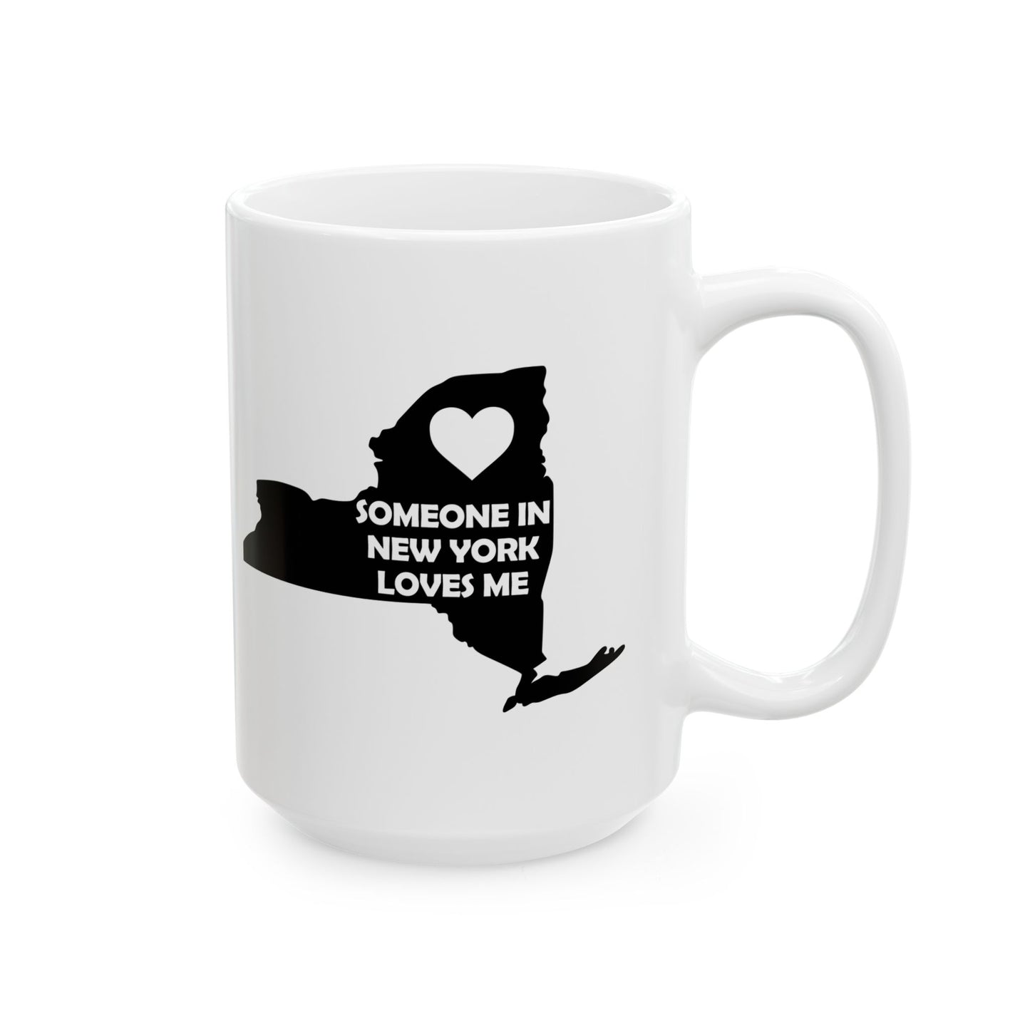 White mug with black silhouette of New York state and text 'Someone in New York Loves Me' on a white background
