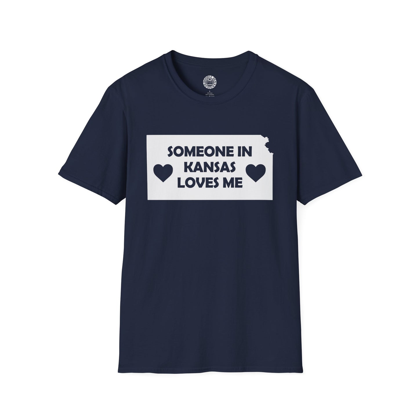 Navy blue t-shirt with 'Someone in Kansas loves me' text on a white background
