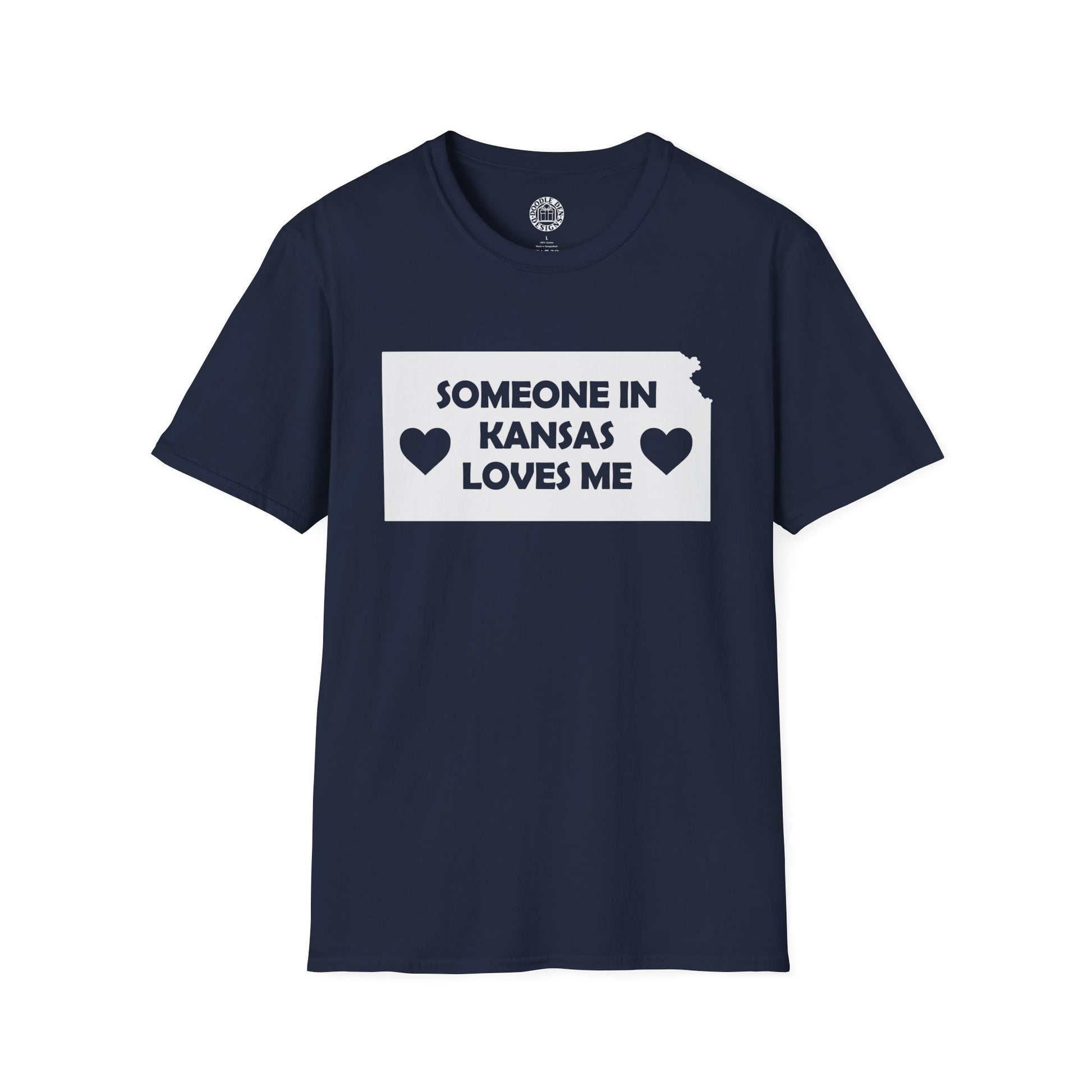 Navy blue t-shirt with 'Someone in Kansas loves me' text on a white background