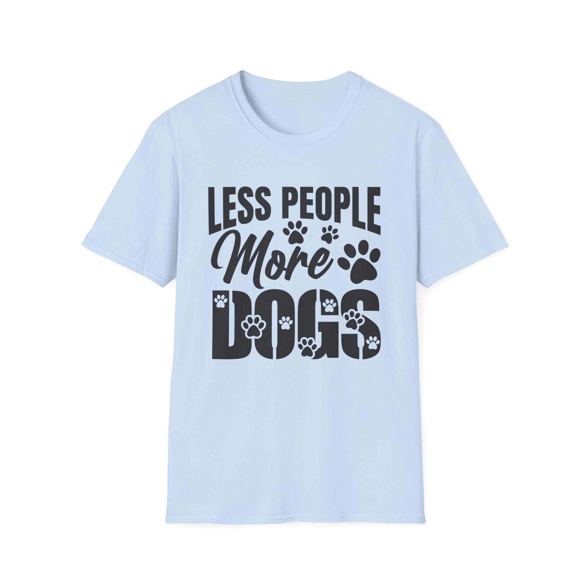 Light blue t-shirt with 'LESS PEOPLE MORE DOGS' text and paw prints on a white background