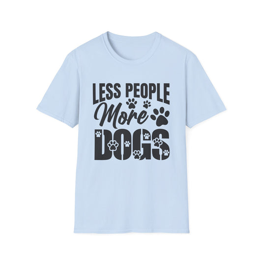 Light blue t-shirt with 'LESS PEOPLE MORE DOGS' text and paw prints on a white background