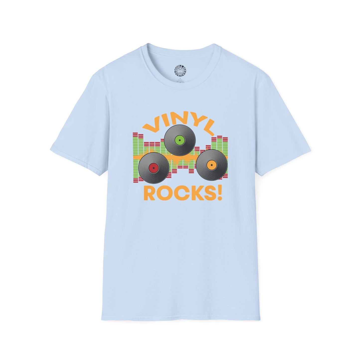 Light blue t-shirt with 'Vinyl Rocks!' graphic on a white background