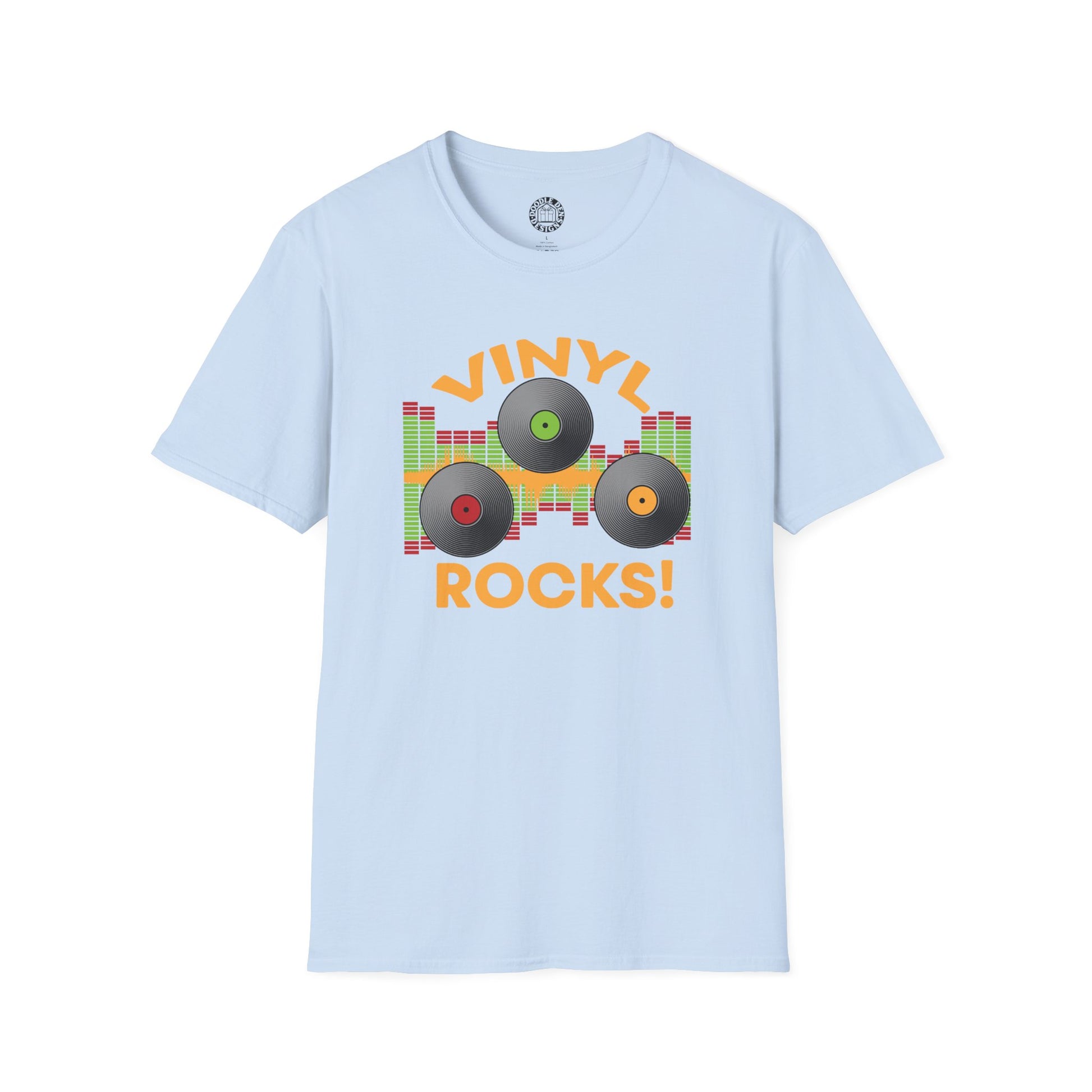 Light blue t-shirt with 'Vinyl Rocks!' graphic on a white background