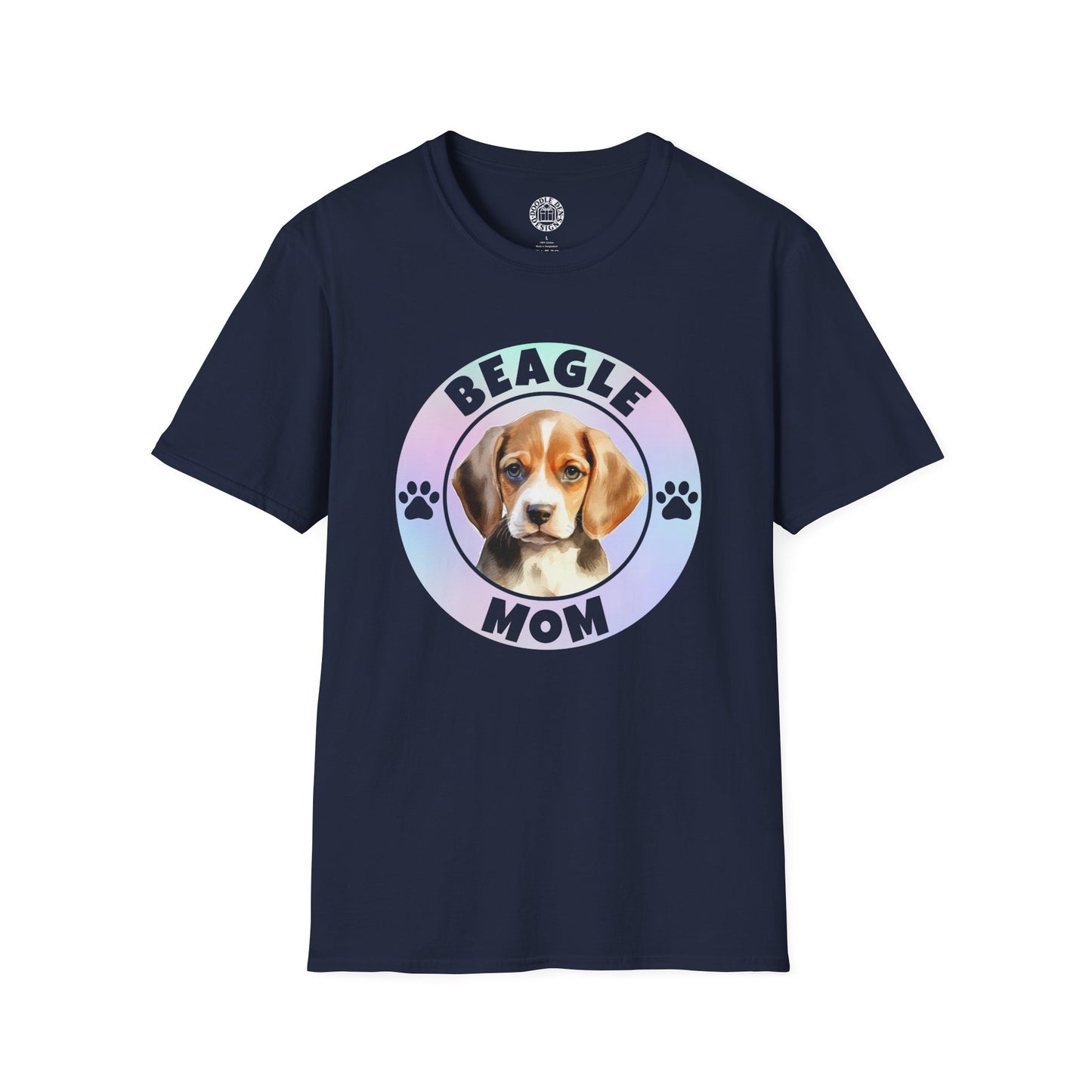 Navy blue t-shirt with a beagle graphic and 'Beagle Mom' text on a white background