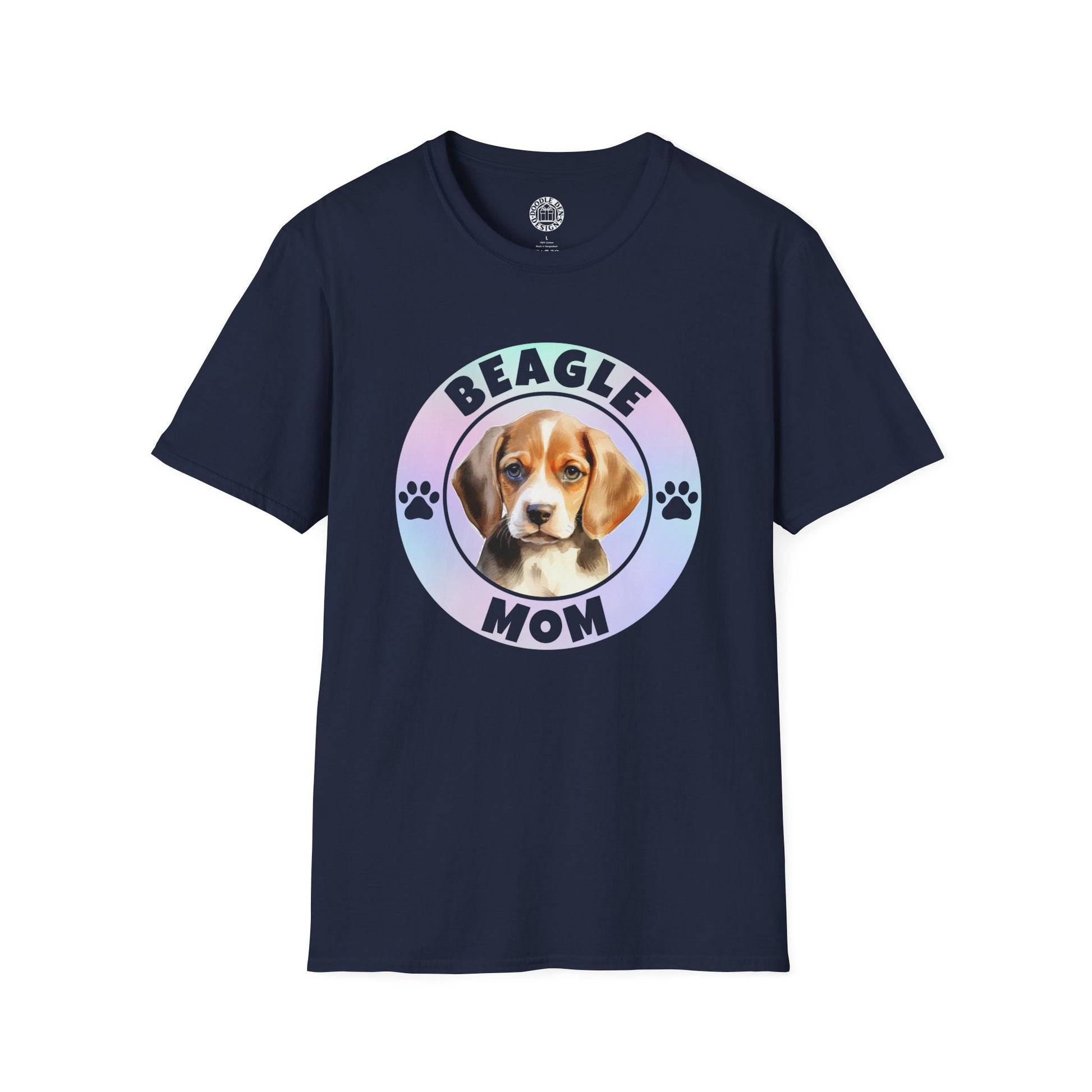 Navy blue t-shirt with a beagle graphic and 'Beagle Mom' text on a white background