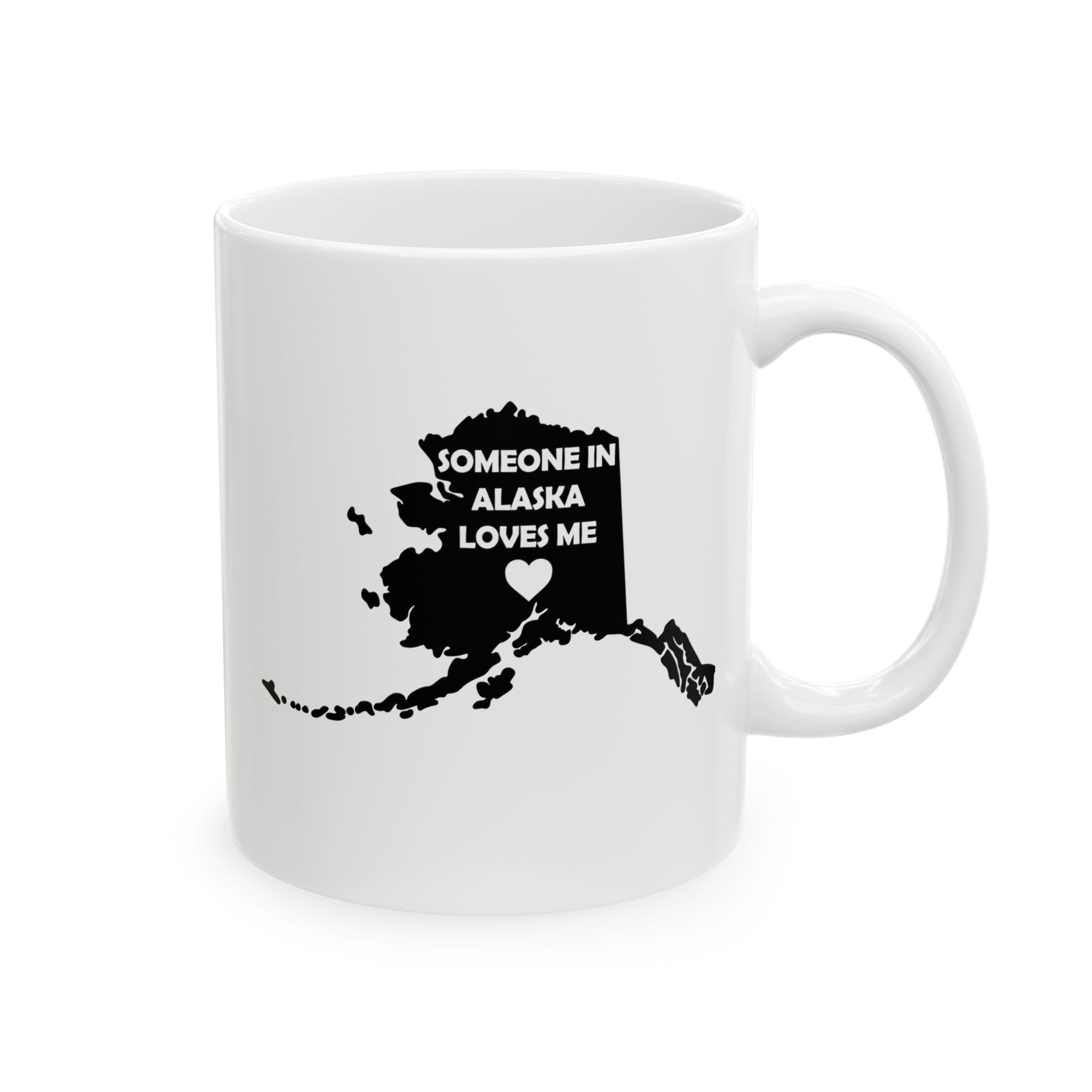White mug with black map of Alaska and text 'Someone in Alaska loves me' on a white background