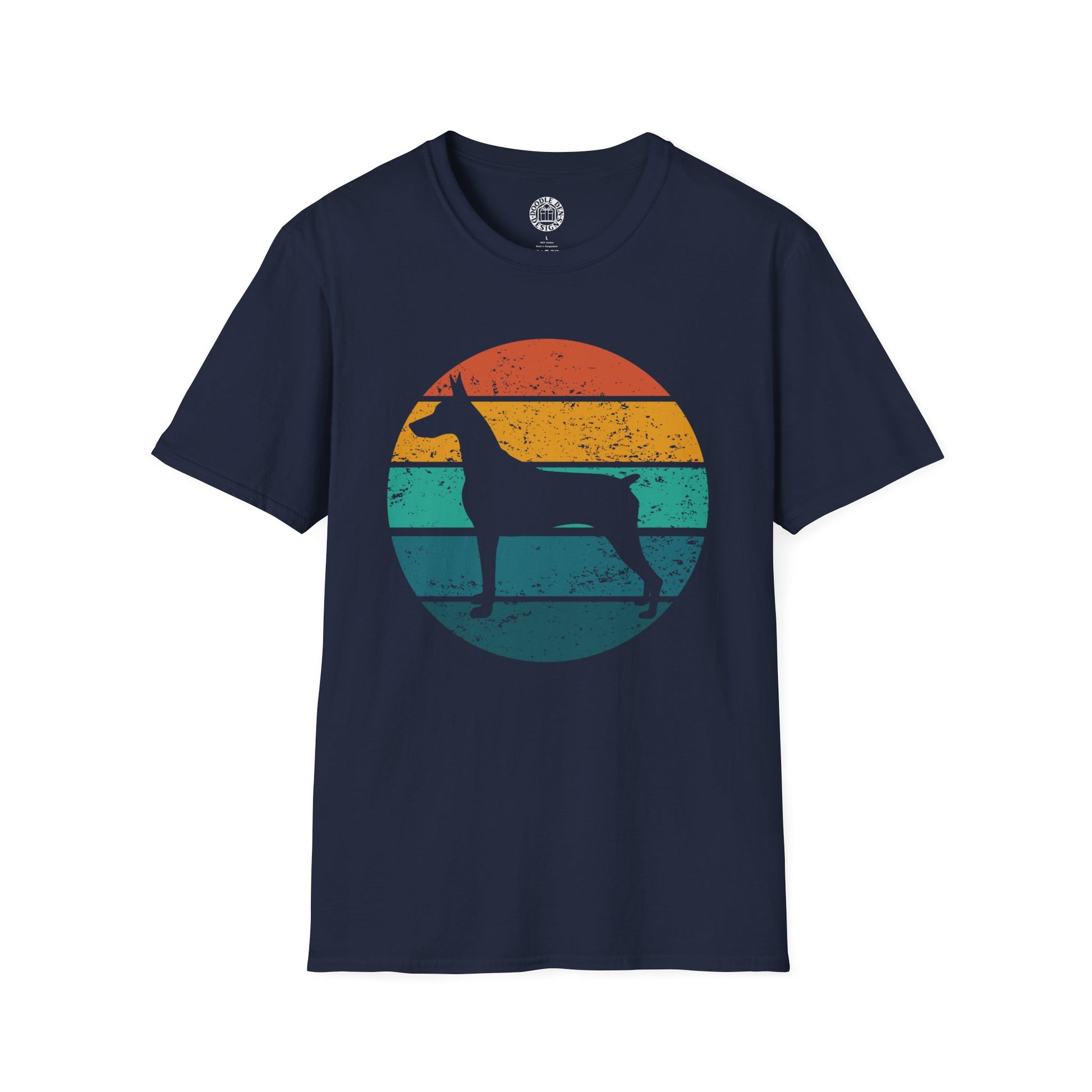 Navy blue t-shirt with a colorful graphic of a doberman pinscher dog silhouette against a sunset background on a white background.