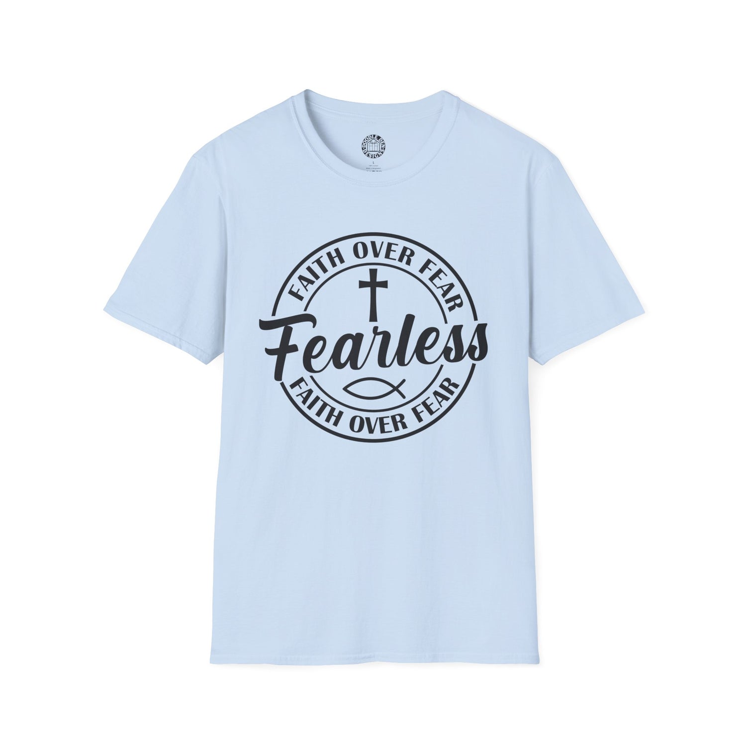 Light blue t-shirt with the words Fearless Faith Over Fear with cross and fish symbol