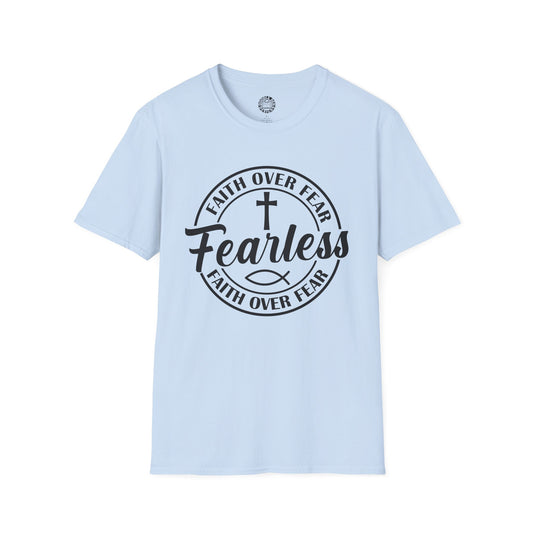 Light blue t-shirt with the words Fearless Faith Over Fear with cross and fish symbol