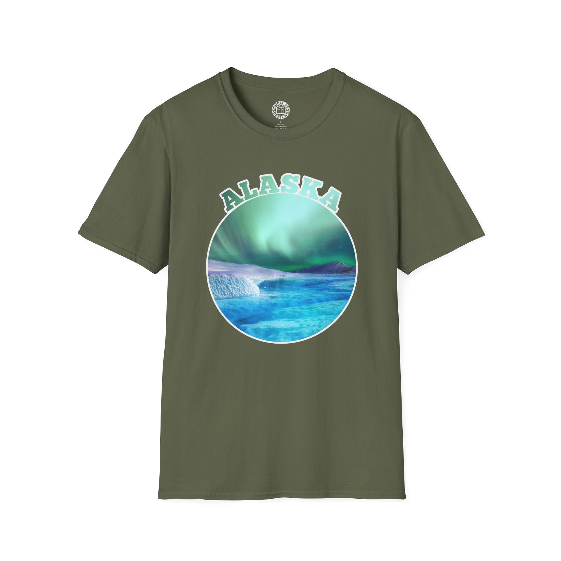 Green t-shirt with 'Alaska' graphic design on a white background northern lights aurora borealis