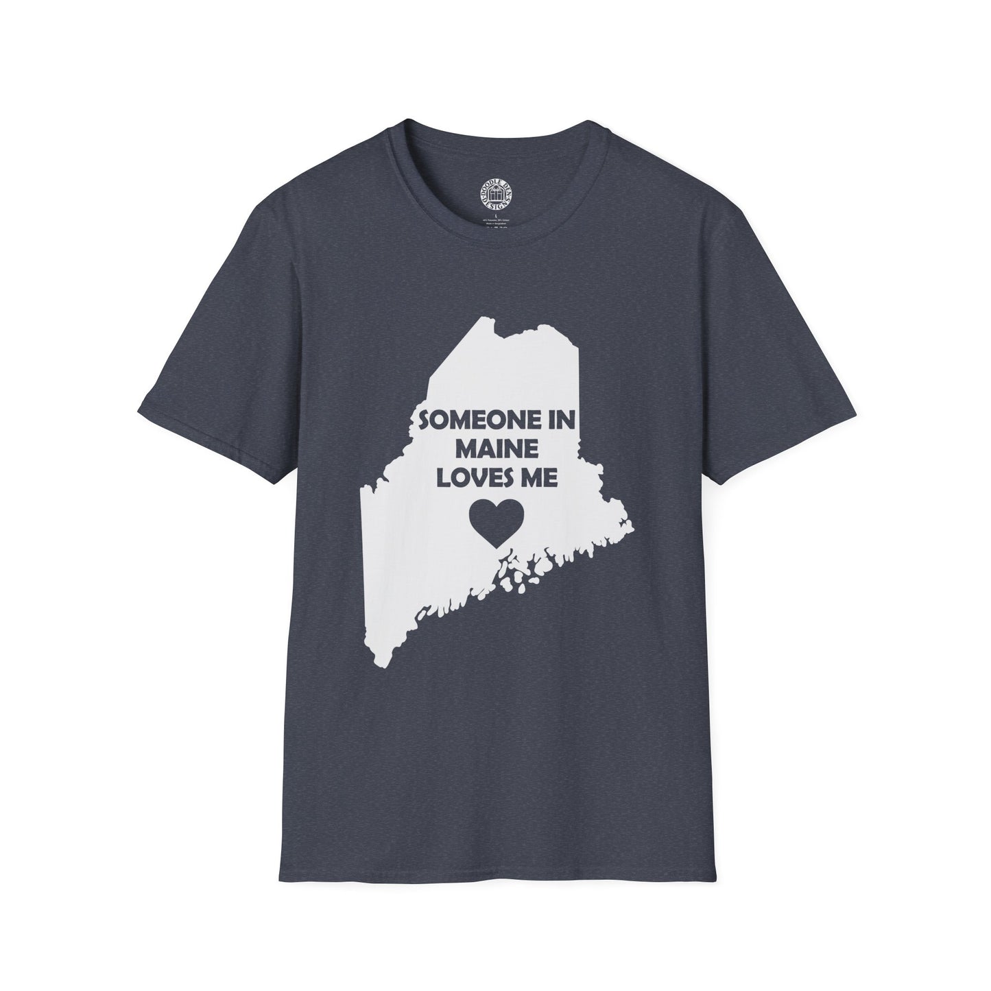 Gray t-shirt with a white map of Maine and text 'Someone in Maine loves me' on a white background