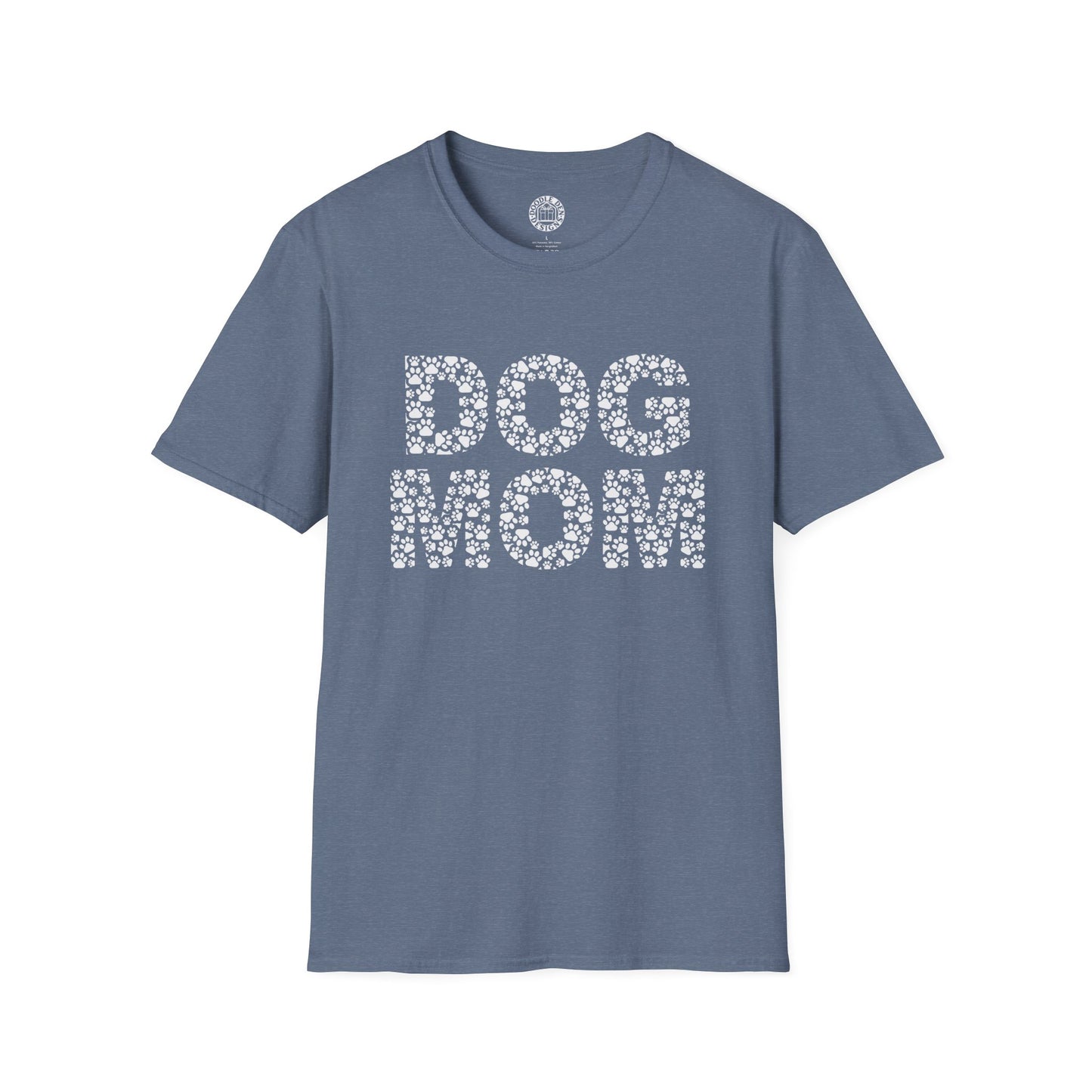 Blue t-shirt with 'DOG MOM' text on a white background