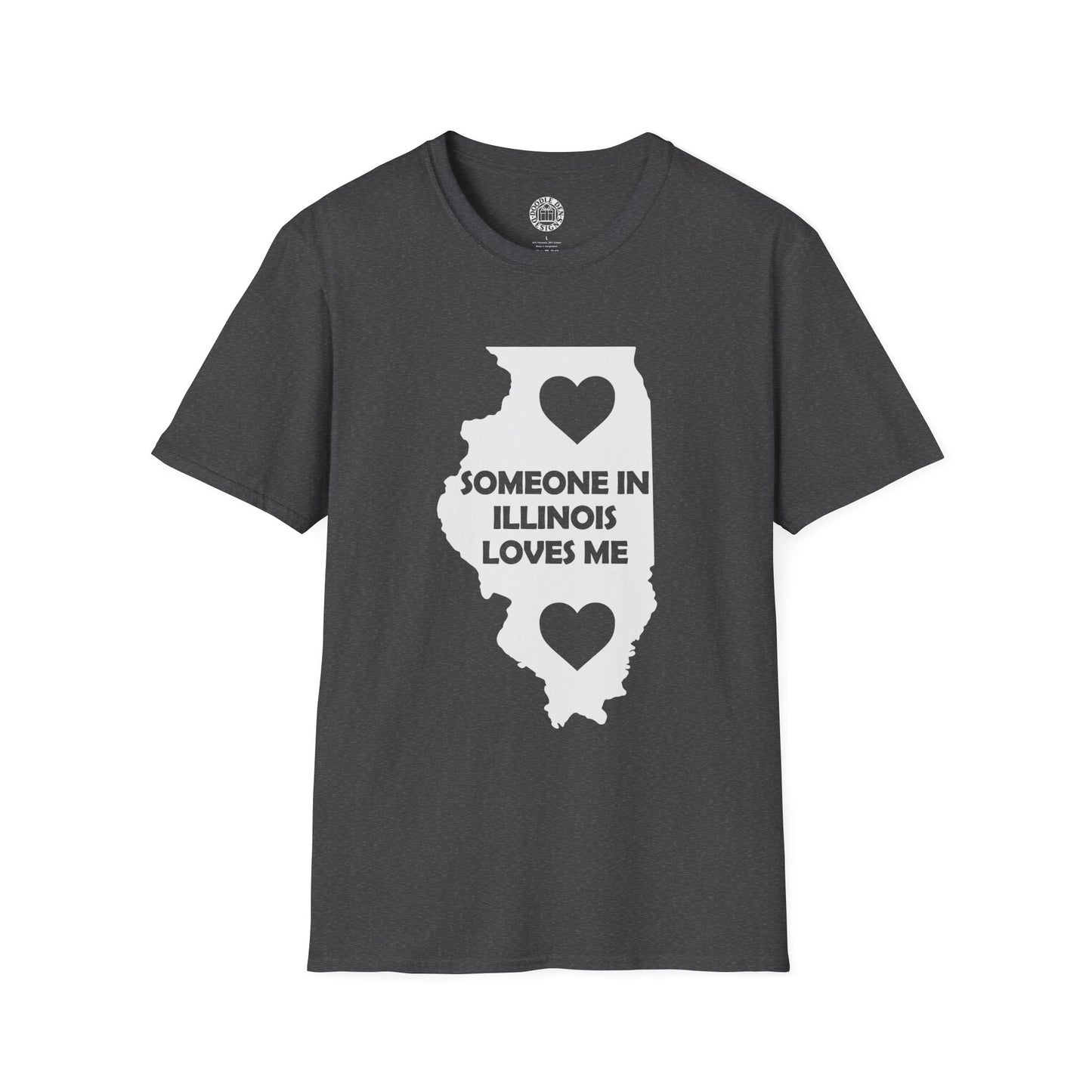 Gray t-shirt with a white graphic of Illinois and text 'Someone in Illinois loves me' on a white background