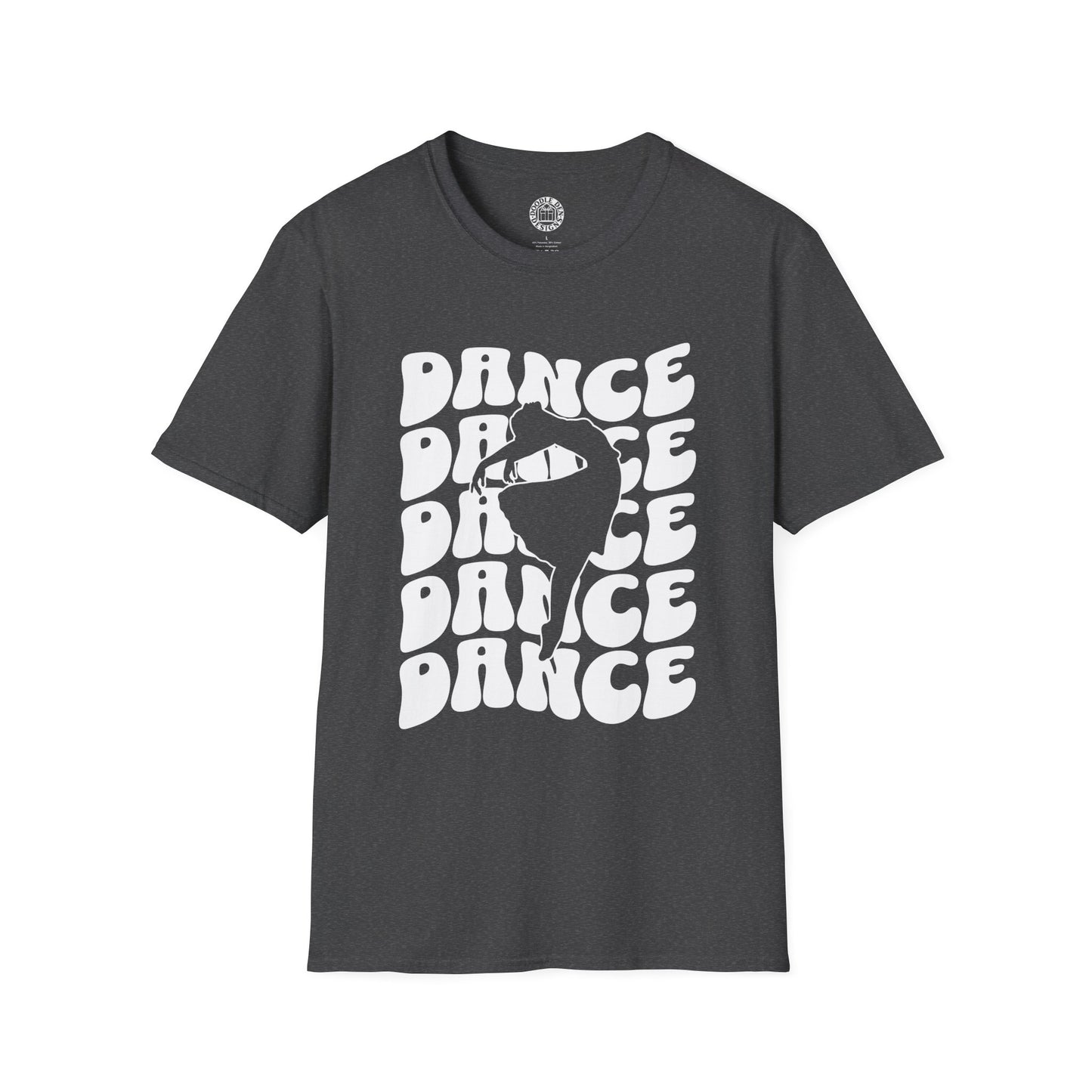 Black t-shirt with white 'DANCE' text and silhouette graphic on a white background