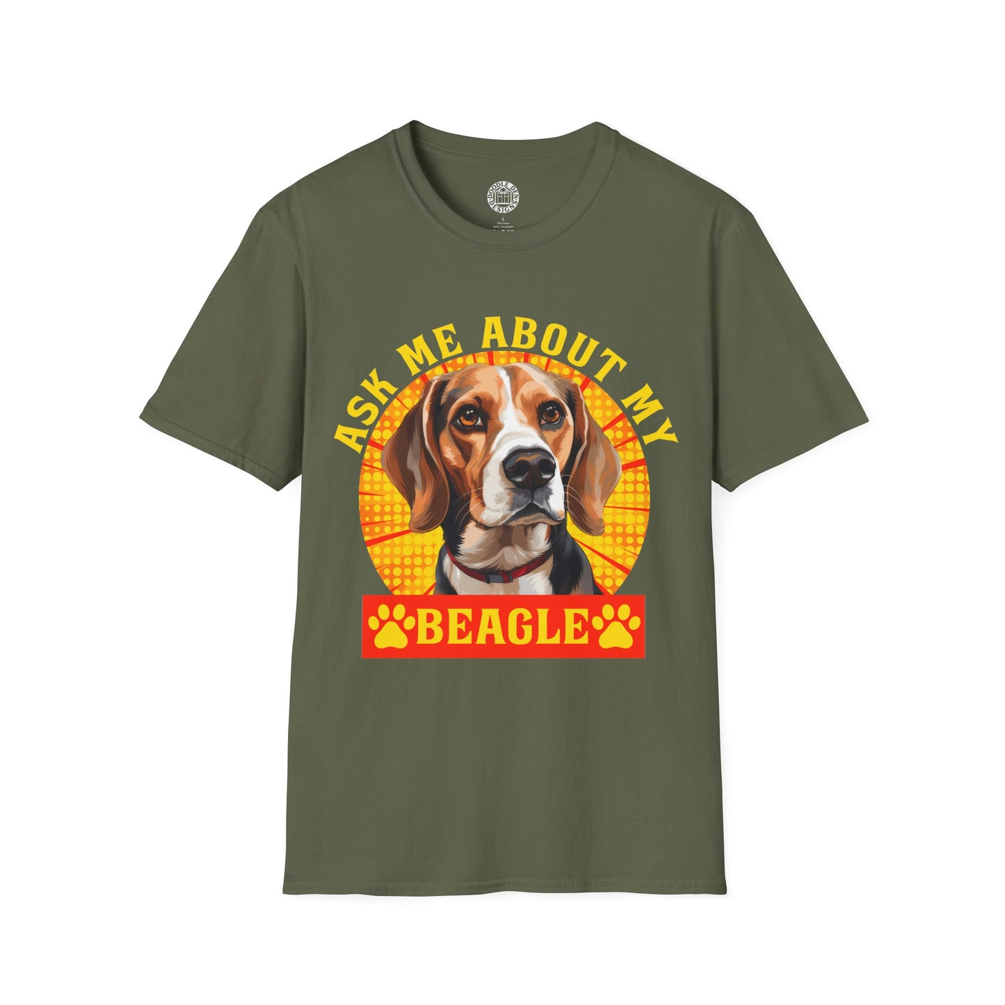 Green t-shirt with a beagle graphic and text on a white background