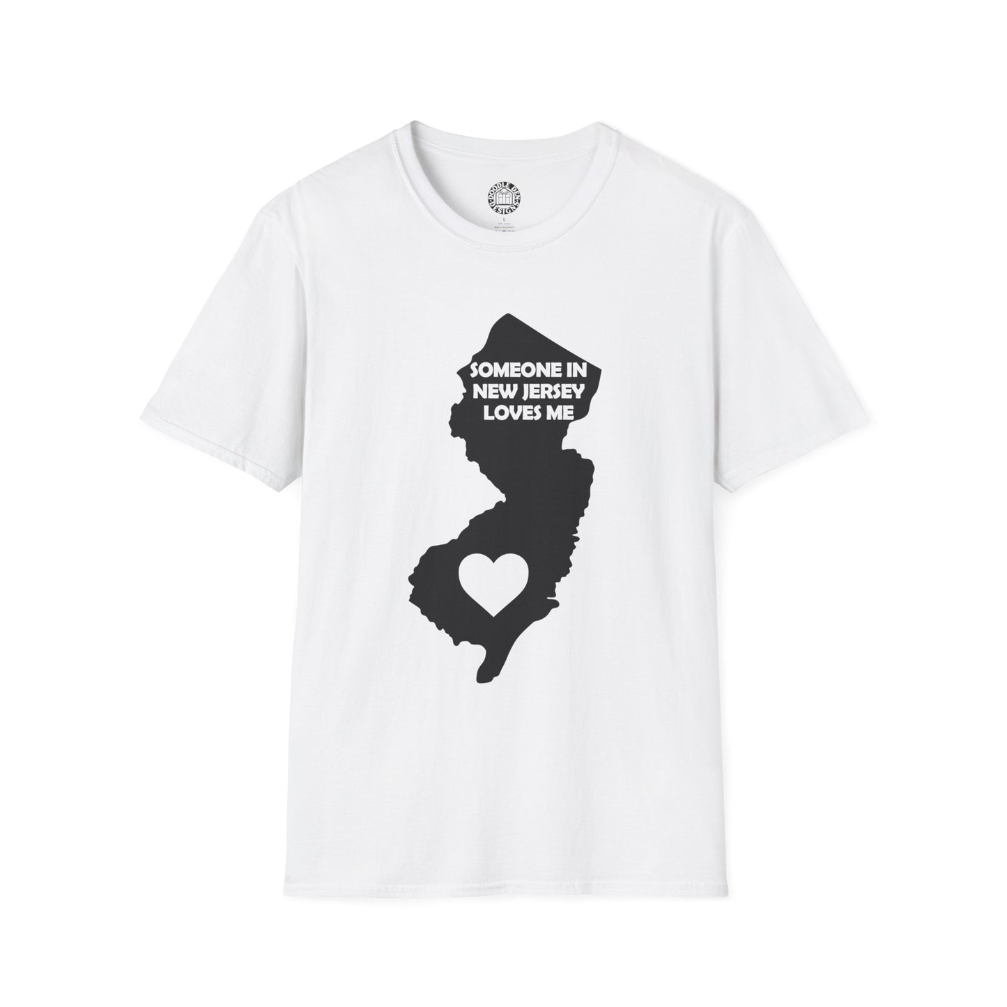 White t-shirt with black silhouette of New Jersey and text 'Someone in New Jersey loves me' on a white background