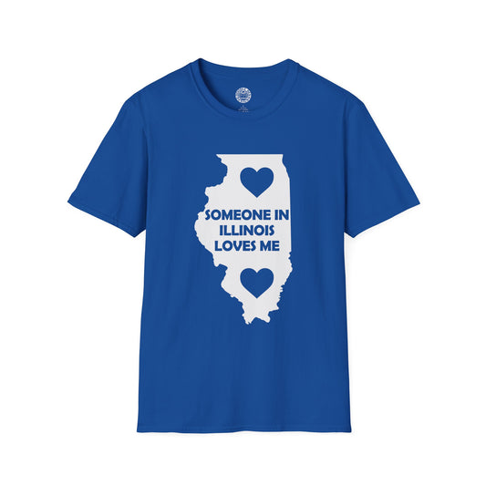 Blue t-shirt with a graphic of the state of Illinois and text 'Someone in Illinois loves me' on a white background