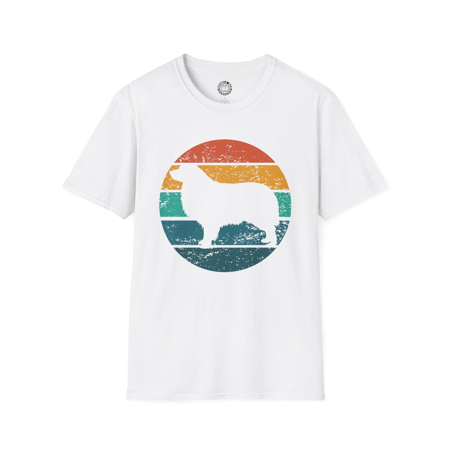 White t-shirt with a colorful circle design featuring an australian shepherd in retro sunset 