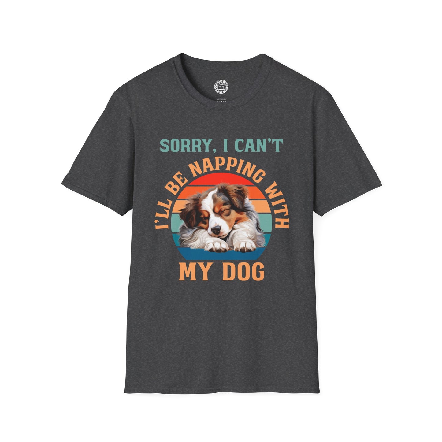 Gray t-shirt with a Australian Shepherd dog graphic and text on a white background